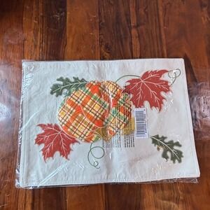 Harvest Plaid Pumpkin Embroidered Fall Placemats Set Cream Autumn Leaves K49328